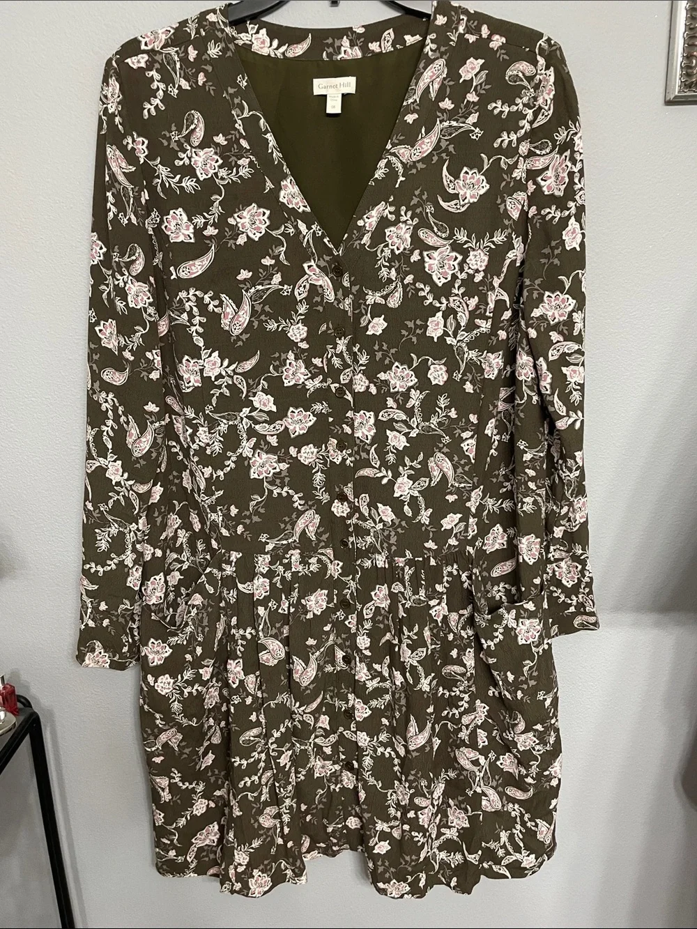 Garnet Hill Bohemian Pocket Detail Drop Waist Dress Olive Green Floral Print 8